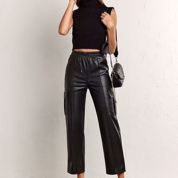 NWT Faux Leather Wide Leg Cropped Cargo Pants - Picture 2 of 9